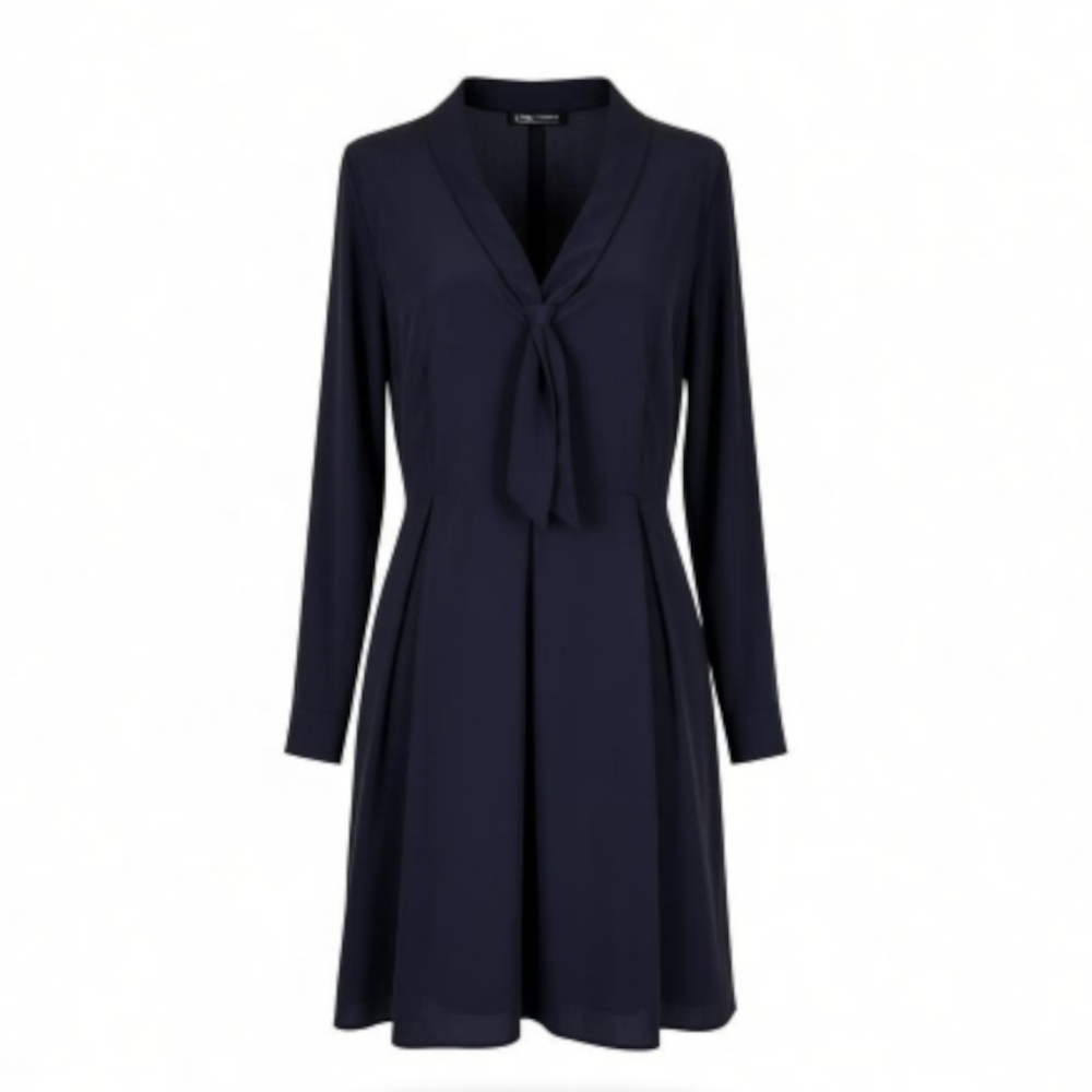 Modcloth Swing Dress Size 12 Tie Neck Pleated Side Seam Pocket Long Sleeve Black